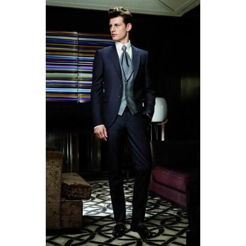 Custom Made Groom Tuxedo Navy Blue Groomsmen Notch Lapel Wedding/Dinner Suits Best Man Bridegroom (Jacket+Pants+Tie+Vest)B428