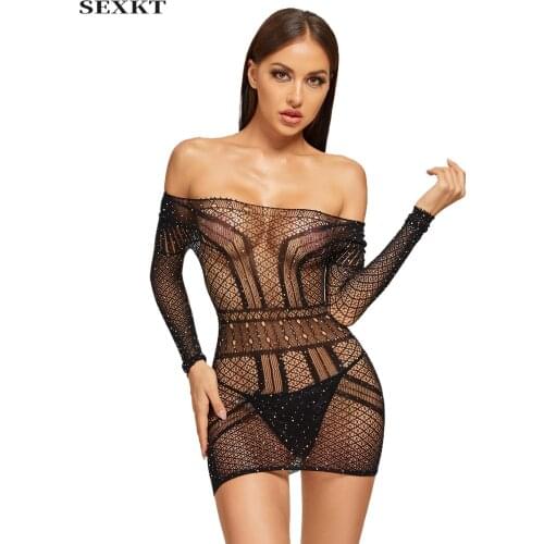 Sexy Cutout Fishnet Off-Shoulder Rhinestone Sheath Temptation Tight Skirt Underwear Sexy Lingerie for Plus Size Women Body Suits