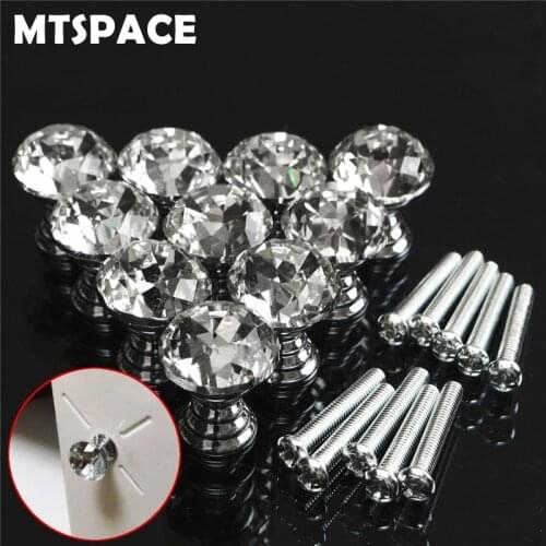 MTSPACE 10pcs/Set 20mm Crystal Glass Clear Cabinet Knob Drawer Pull Handle Kitchen Door Wardrobe Hardware Crystal+Zinc Alloy