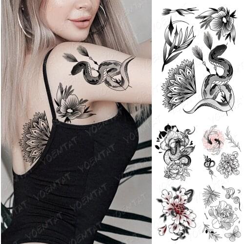 Waterproof Temporary Tattoo Sticker Dark Old School Dark Snake Leaf Flash Tattoos Black Lotus Body Art Arm Fake Tatoo Women Men