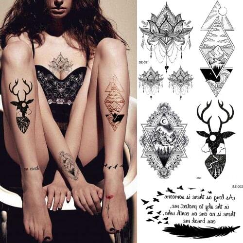 Tribal Black Moose Temporary Tattoo Stickers Women Body Art Arm Legs Inspired Tatoos Men Geometric Fake Tattoo Deer Chest
