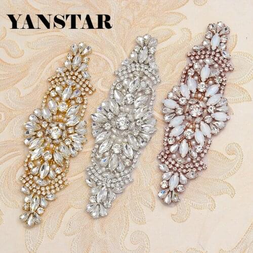 YANSTAR(10pcs) Wholesale Hand Beaded Rose Gold Crystal Sew On Rhinestones Appliques For Bridal Gown Sash Accessory YS856