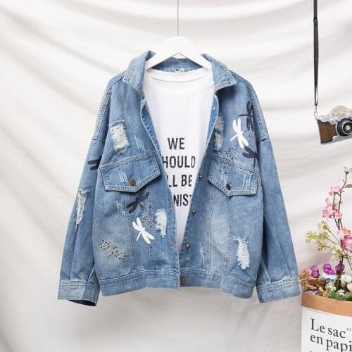 Oversized Spring Autumn Hole Harajuku Vintage Denim Jacket Women 2021 New Fashion Loose Long Sleeve Jeans Coat Female 5XL A823