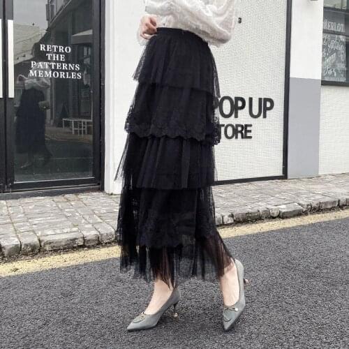 2021 Early Autumn New Multi-layer Fairy Mesh Skirt Women High Waist Lace Skirts Womens Fresh Sweet Lace Black Mid Skirt Female