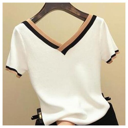 V-neck White Girl Summer beauty Thin Office Lady Cloth Women T-shirts Knitting Crop Short Sleeve Stretchy T-shirt Ice silk Tops