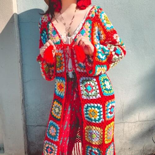 Womens hippie knitting crochet handmade ethnic sweater red tassel cardigan women