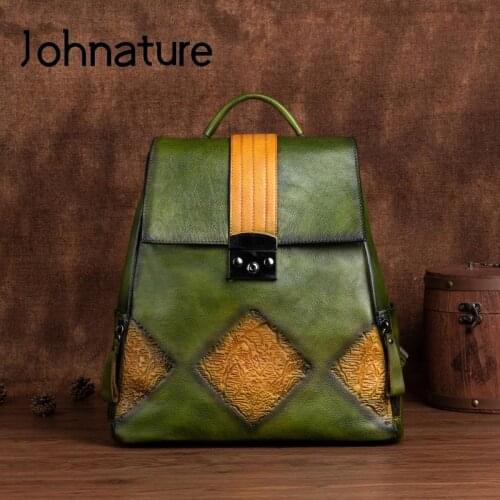 Johnature Genuine Leather Backpack Women Bag 2021 New Vintage Handmade Embossed Nature Soft Cowhide Leisure Travel Bags