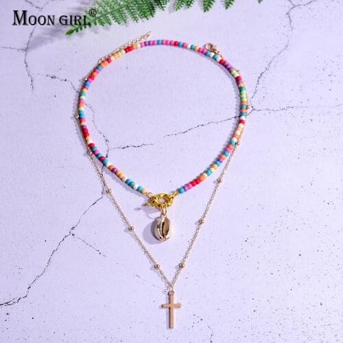 2Pieces/Lot Cross Shell Pendant Necklace Women Double Layer Choker Boho Vintage Collares Collier Femme Fashion Summer Jewelry