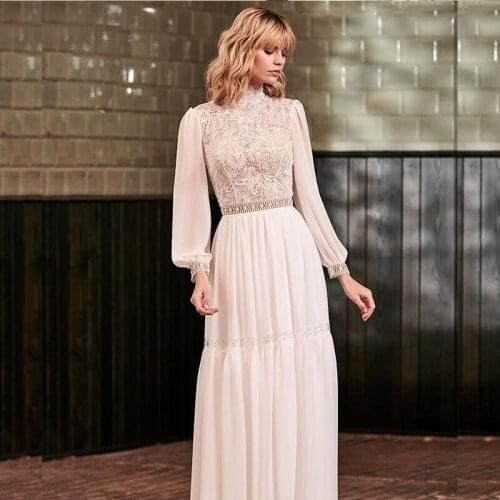 Boho Wedding dress High Neck Boho Vintage Chiffon 2021 Floor Length Court Train Robe De Mariee Custom Made Simple Rustic Civil