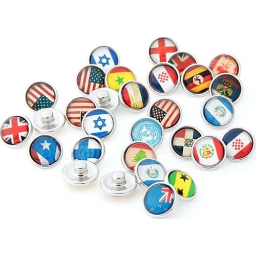 10PCS/Lot Wholesale Assorted Snap Buttons Jewelry National Flag USA Brazil 12mm Mixed Snaps Button Glass Silver Bottom