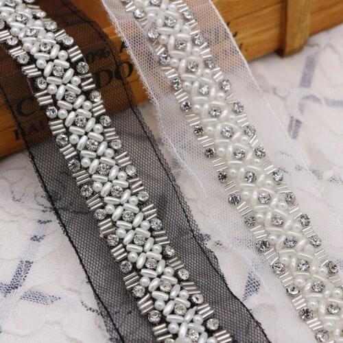 12Yards Handmade Black White Rhinestone Pearl Beaded Lace Collar Mesh Ribbon Applique Sewing Accessories For Wedding Dress