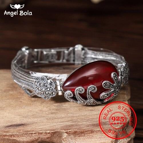 925 Sterling Silver Women Cuff Bracelets Bangle with Red Garnet Ethnic Boho Expandable Bangle Bracelets Drop Shipping
