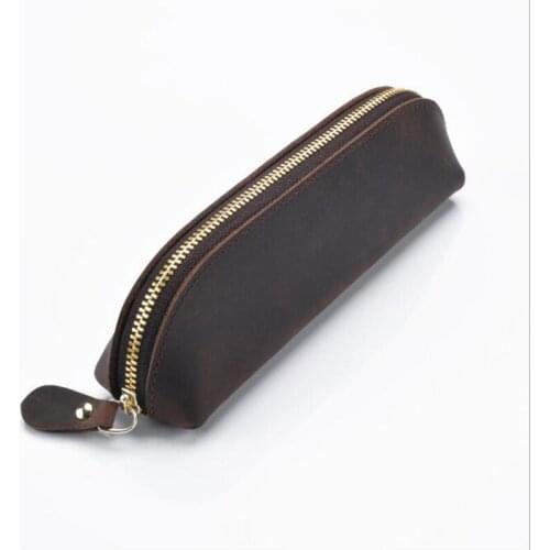 Promotion 2PCS* High capacity Zipper Pencil Case Crazy Horse Genuine Leather Handmade Vintage Pencil Bag School Stationary