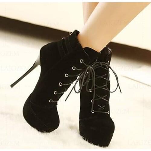 SEIIHEM Women Ankle Boots Faux Suede Lace Up High Heels Short Platform Boots Booties Shoes Woman Botas Large Size 41 42 38 47 52