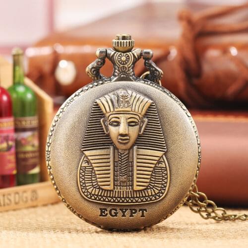 Antique Bronze Egyptian Pharaoh Case Quartz Pocket Watch Women Men Pendant Necklace Chain Vintage Clock Gift for Dad Mum Relogio