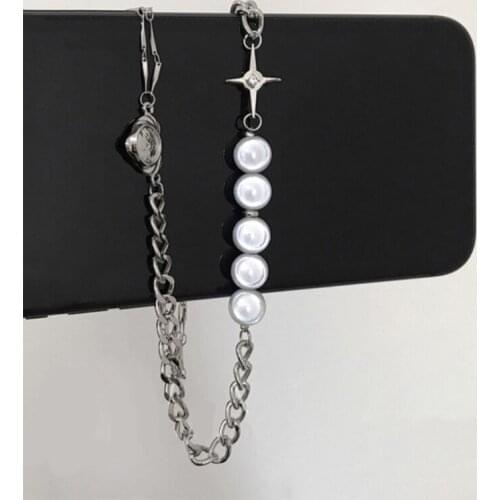 White Pearl Choker Unique Asymmetric Design with Alloy Chain and Cross