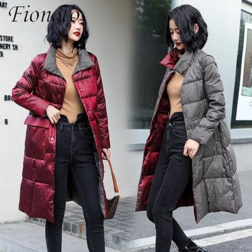 Double Sided White Duck Down Coat Women Stand Collar Slim Female Warm Long Parkas 2021 Winter Fashion Ladies Snow Outerwear