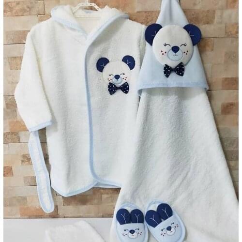Jaju Baby Handmade, Bear Patterned Blue and Name Special Embroidered Bathrobe SET