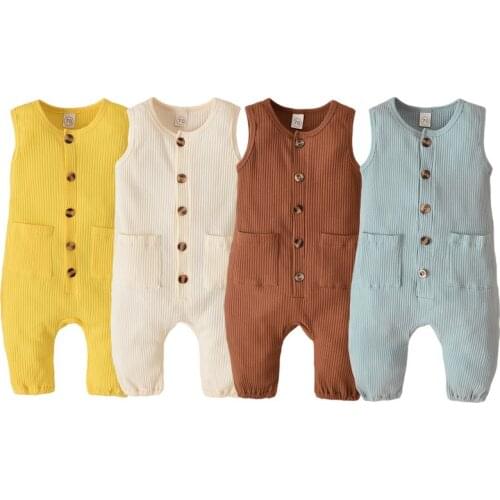4 Colors Newborn Baby Girls Boys Clothes Sleeveless Solid Color Knitted Button O-neck Romper Jumpsuit Overall Casual Outfits