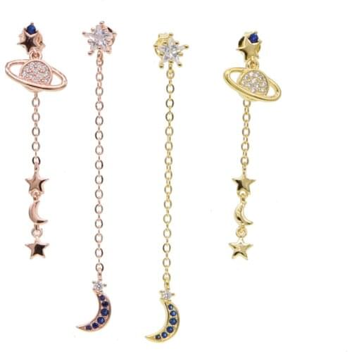 Korean white blue Stone Moon star Earrings For Girl Gold rose gold Star Pendant Asymmetry Earrings hot Fashion tassel Jewelry