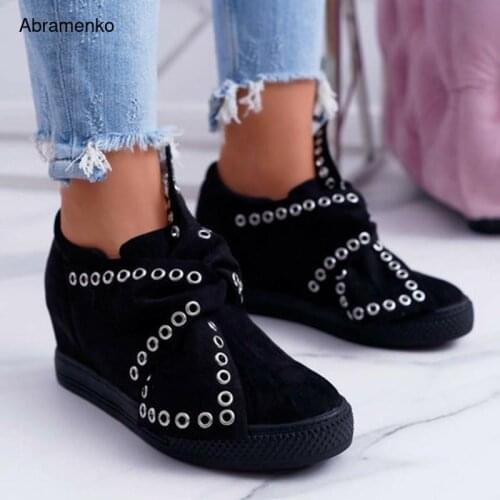 Shoes For Womens Casual Sneaker Bling Women Rivet Punk Shoes Thick Bottom Internal increase Wedges Black Shoes Plus Size 35-43