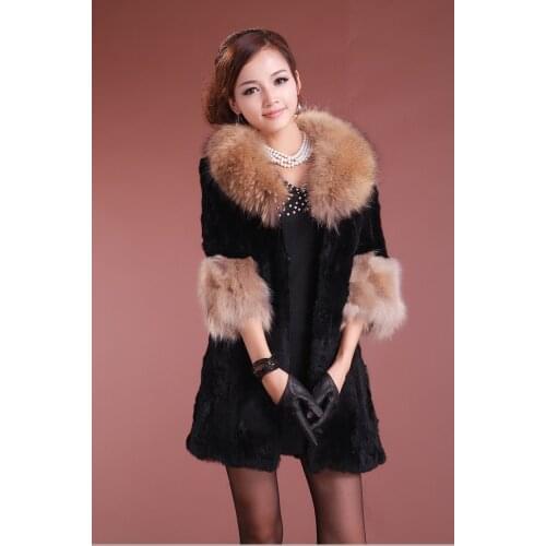 New genuine real natural Rabbit Fur Coat with Raccoon Fur collar Winter Fur Outerwear Womens Long fashion Jacket