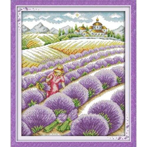 Joy Sunday Counted Cross Stitch Kits Lavender Field Patterns 11CT 14CT Print Stamped Embroidery Needlework Fabric Decoration Set