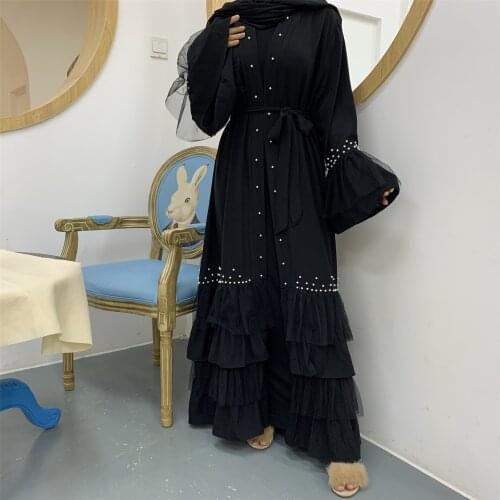 2021 Middle Eastern Womens New Beaded Stitching Mesh Lace-up Muslim Cardigan Robe Layered Ruffled Sleeve Dress Abaya Dubai