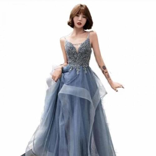 New Elegant Women Dress Sexy V-neck Backless Bandage Champagne Lace Appliques Party Formal Dresses Plus Size Femme