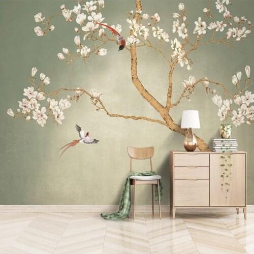 Chinese Style Hand-painted Flowers And Birds Mural Wallpaper 3D Self-Adhesive Waterproof Canvas Wallpaper Living Room TV Sticker