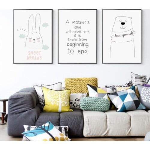 Simple Black And White Animal bear Rabbit Wall Art Canvas Nursery Quotes Print Nordic Kid Bedroom Decoration Picture Painting