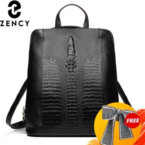Zency 100% Genuine Leather Knapsack Ladies Crocodile Pattern Women Backpack Girl Notebook Schoolbags Travel Bags High Quality
