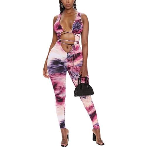 Sexy Women´s Tie-Dye Sexy Deep V Neck Hollow Jumpsuit Overall Straps Slim Long Pants Romper