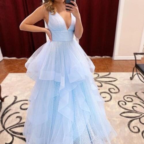 Cinderella Blue Prom Dress 2020 Ball Gown Sparkly Sequin Tulle Ruffles Formal Event Wear Gowns V-Neck V-Back Long Real Photo
