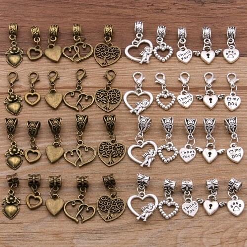 Mix 10pcs 4 Styles 2 Color Heart Charm Lobster Clasp Pendants Vintage Beads Fit for Women Bracelets DIY Metal Jewelry Making