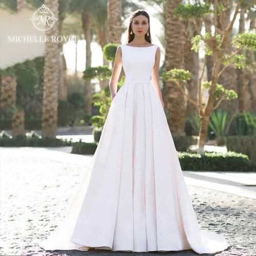 Michelle Royce A-Ling Wedding Dresses 2020 Scoop Sleeveless Criss-Cross Button Sashes Court Train Wedding Gowns Vestido De Noiva
