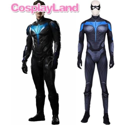 Titans Nightwing Cosplay Outfit 3D Printed Jumpsuit Dick Grayson Costume Stretchable Bodysuit with Boots Eye Mask Adult Men Suit