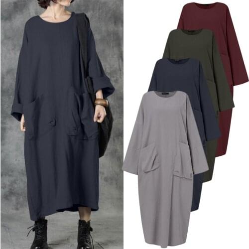 Plus Size Vintage Pockets Maxi Dress Womens Autumn Sundress ZANZEA 2021 Casual Long Sleeve Baggy Vestidos Female Solid Robe