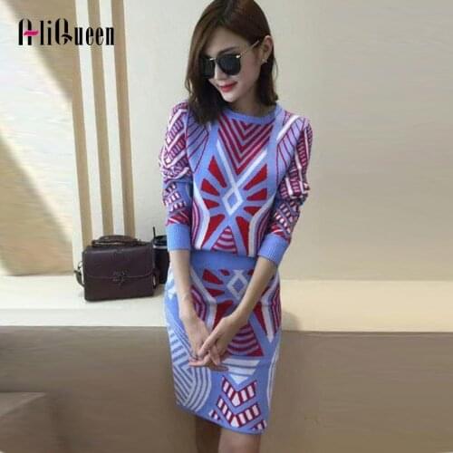 2019 winter outfits Women Knit Geometric Pattern Sweaters Tops + Skirt 2 Piece Set Ladies Autumn Casual Long Sleeve Knitted Suit