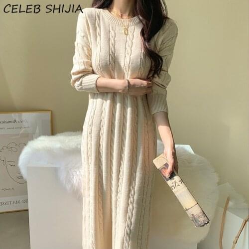 SHIJIA Autumn O-neck Elegant Long Knitted Dress Woman Full-sleeve Twist Apricot Solid Korean Maxi Vestido Sweater Feamle 2021