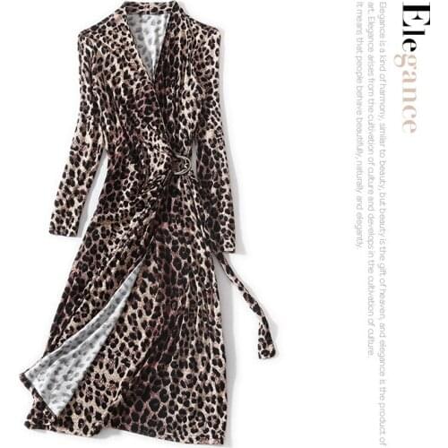 New Spring V-Neck Leopard Printing Waist D-Button Lace-Up Waist Slim Stretch Women Dress