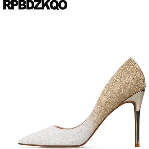 8cm Bridal Women Big Size Super High Heels Extreme Silver Gold Glitter Thin Golden Sequin Pumps 33 Ultra Pointed Toe Shoes 10 42