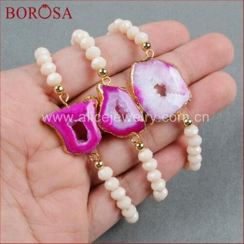 BOROSA Druzy Stone Bracelet Natural Stone Druzy Geode Slice Connector & 6mm Cream Color Beads Bracelet Druzy Jewelry G0300