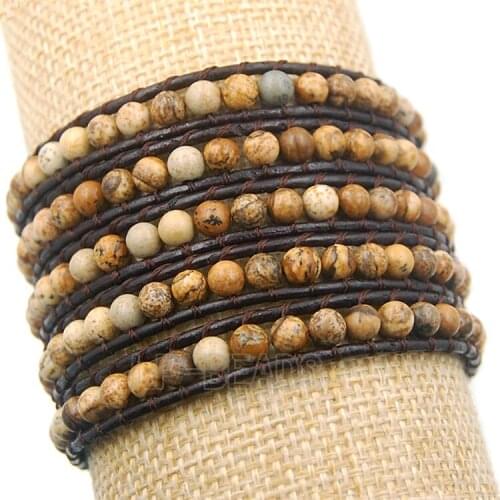 5 Wrap Natural Picture Jaspe-r Hot Colorful Mens Womens Handmade 4mm Gem stones Beads Wrap Leather Bracelet Wholesale 3PCS/Lot