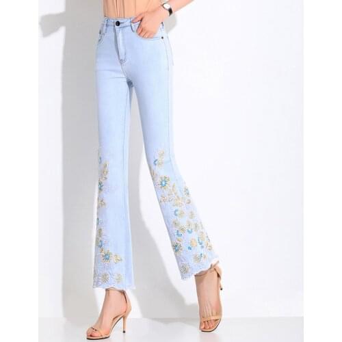 FERZIGE Brand 2021 New Fashions Trousers Embroidery Flower Skinny Jeans Womens High Waist Pants Plus Size Slim Fit Flare Pants