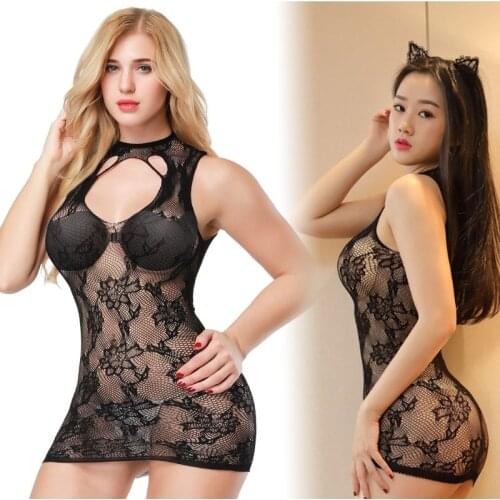 Black mini dress Fishnet Lace Bodystocking See Through Mini Dresses Halterneck mesh Bodysuit Sexy Lingerie Lingerie Sets plus