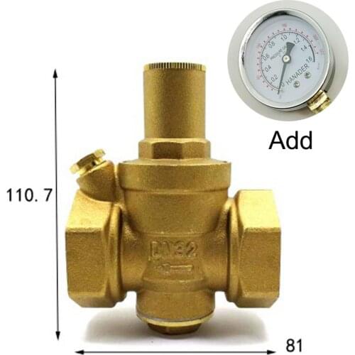 DN32 1-1/4" BSPP Female Brass Pressure Relief Vavle Safety Adjustable Mid-Body Width 81mm Max 16Bar With Pressure Gauge