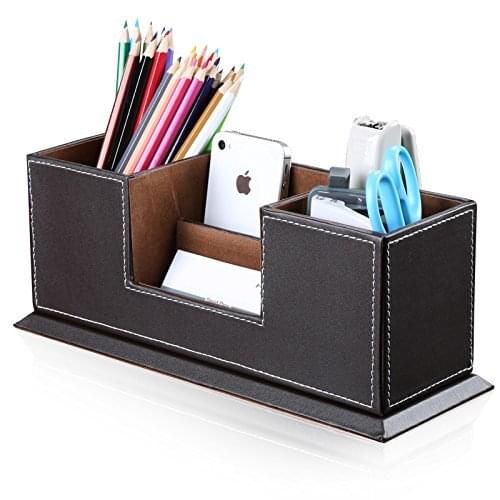 Double Holder Desktop Faux Leather Storage Box 4 Divided Compartments for Pen Business Card Remote Control DeskOrganizer Brown