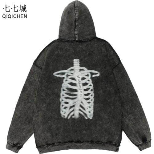 Hip Hop Oversize Washed Hoodie Men Skeleton Print Sweatshirt Streetwear Pullover Harajuku Cotton Sweat Shirt Black Oversize 2021