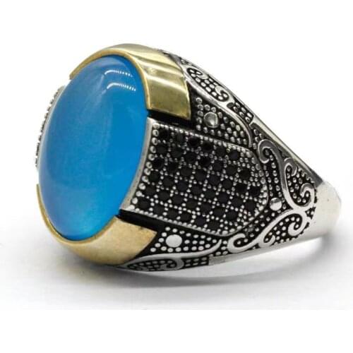 S 925 Sterling Silver Pavé Oval Natural Blue Agate Atone Mens Ring Turkish Antique Silver Jewelry